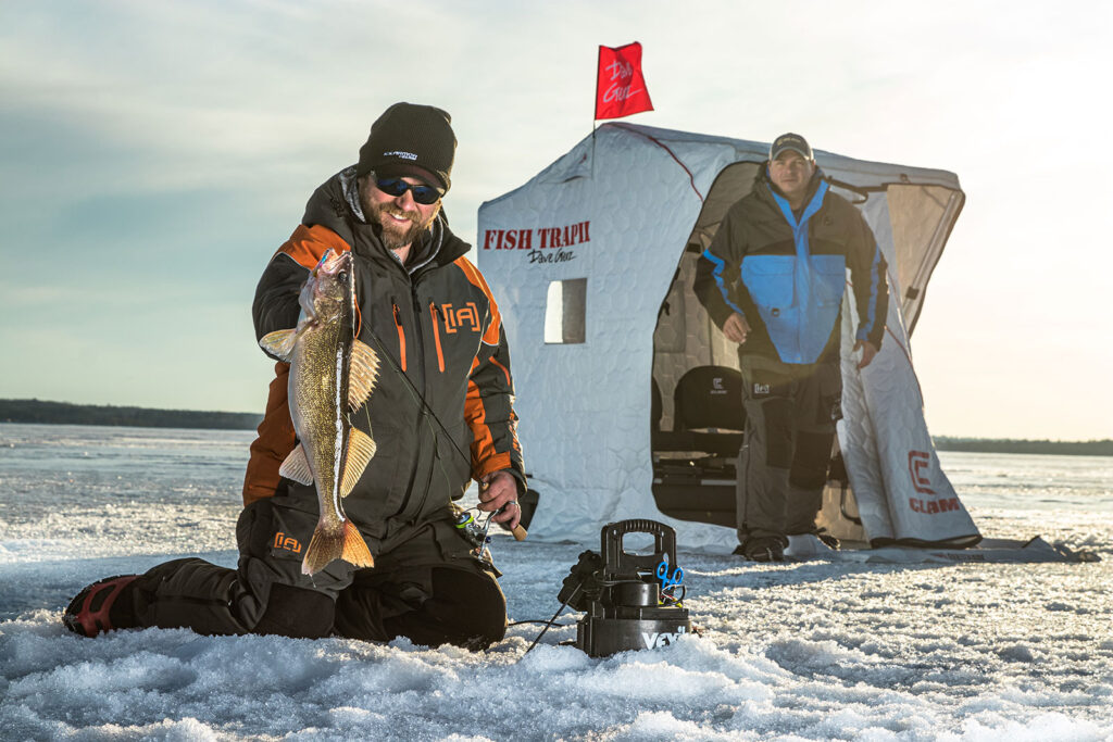 Baxter MN, brand development, marketing materials, Rawfish Media, videography, photography, social media management, ice fishing, two men fishing, ice fishing and camping, Minnesota, fish trap, ice fishing tent